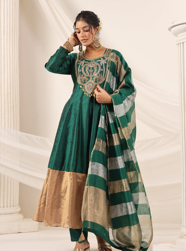 Emerald Green Raw Silk Anarkali Salwar Suit With Heavy Embroidery & Rich Duaptta
