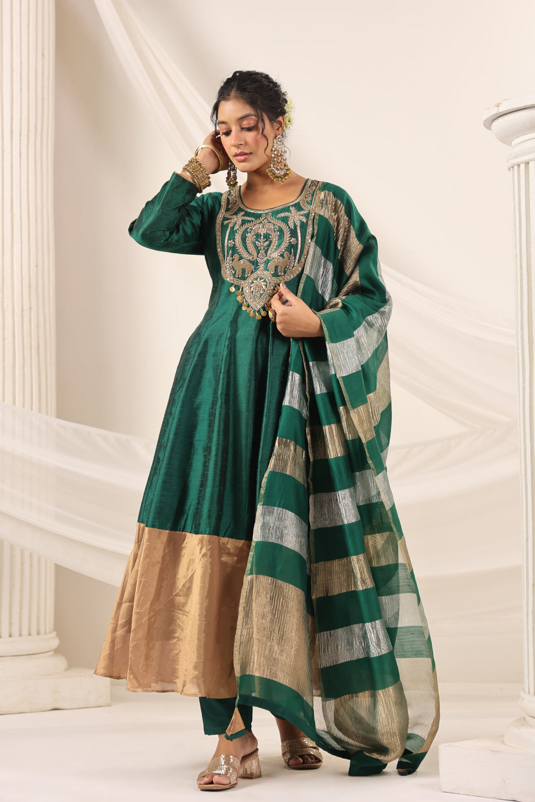 Emerald Green Raw Silk Anarkali Salwar Suit With Heavy Embroidery & Rich Duaptta