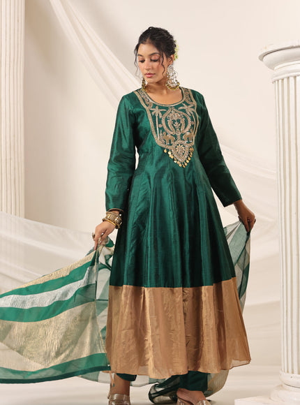 Emerald Green Raw Silk Anarkali Salwar Suit With Heavy Embroidery & Rich Duaptta