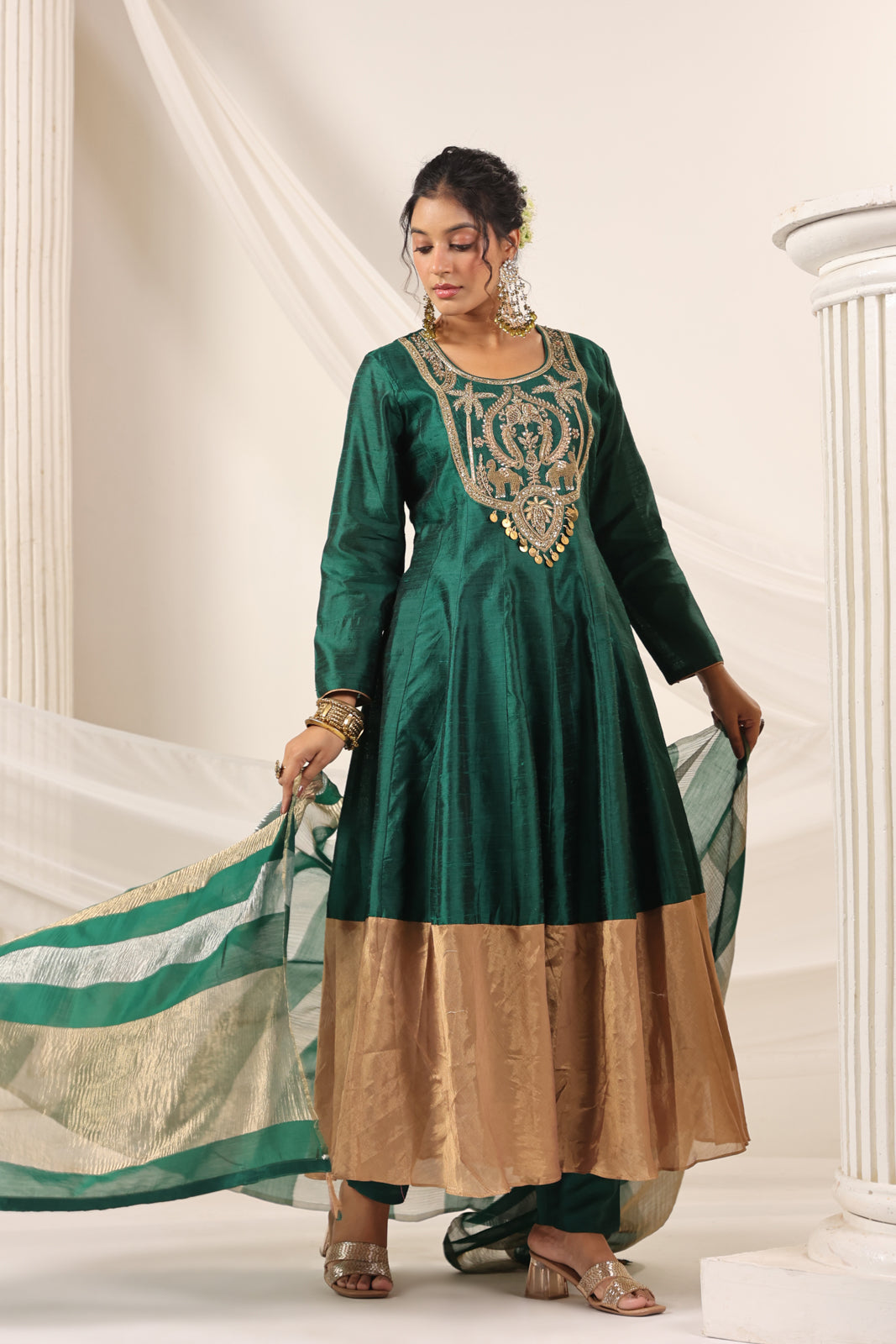 Emerald Green Raw Silk Anarkali Salwar Suit With Heavy Embroidery & Rich Duaptta