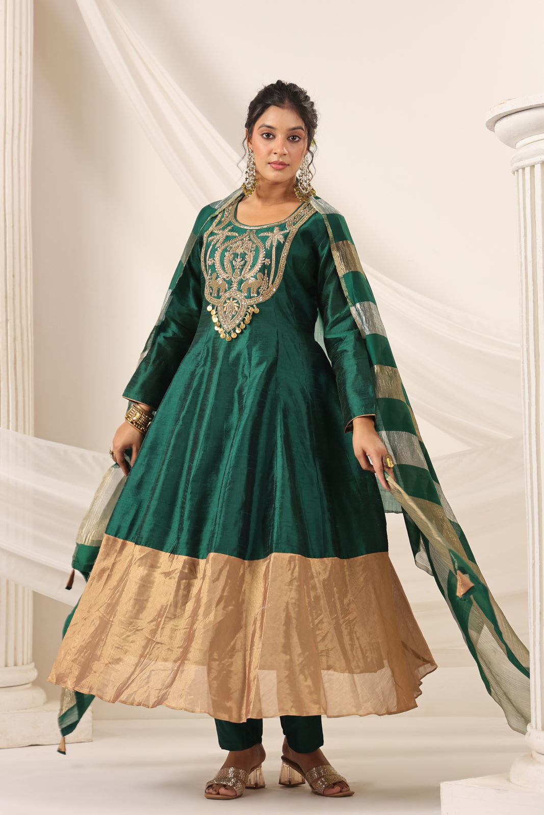 Emerald Green Raw Silk Anarkali Salwar Suit With Heavy Embroidery & Rich Duaptta