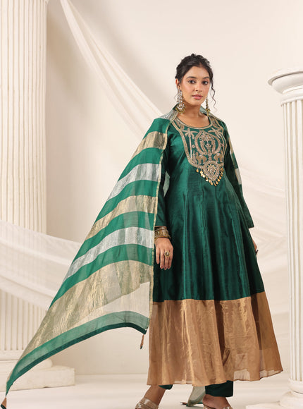 Emerald Green Raw Silk Anarkali Salwar Suit With Heavy Embroidery & Rich Duaptta