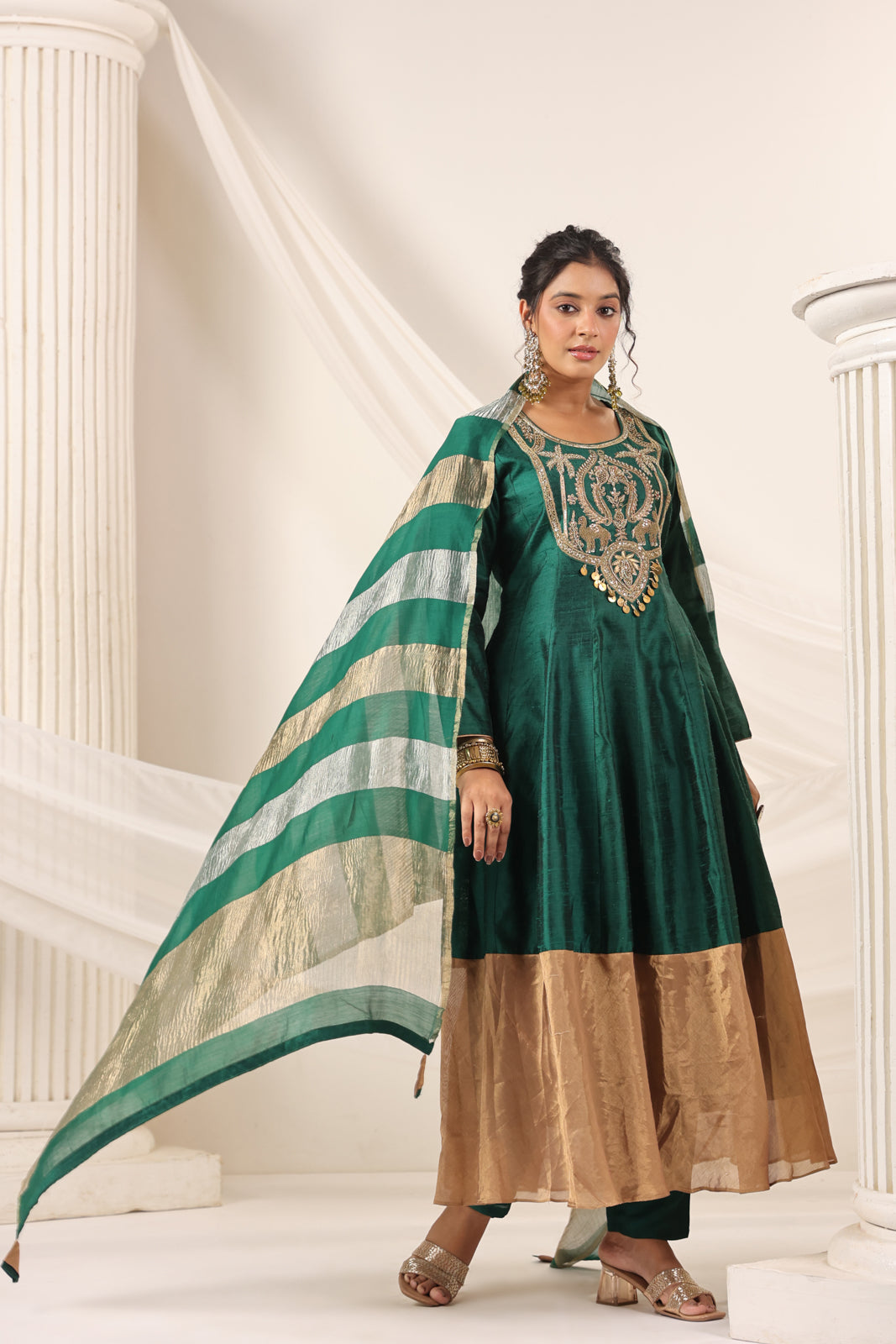 Emerald Green Raw Silk Anarkali Salwar Suit With Heavy Embroidery & Rich Duaptta