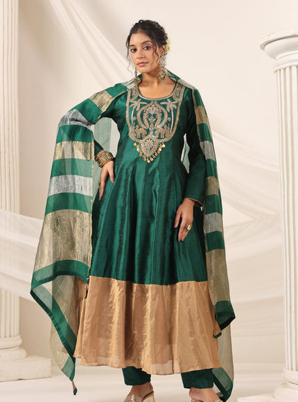 Emerald Green Raw Silk Anarkali Salwar Suit With Heavy Embroidery & Rich Duaptta