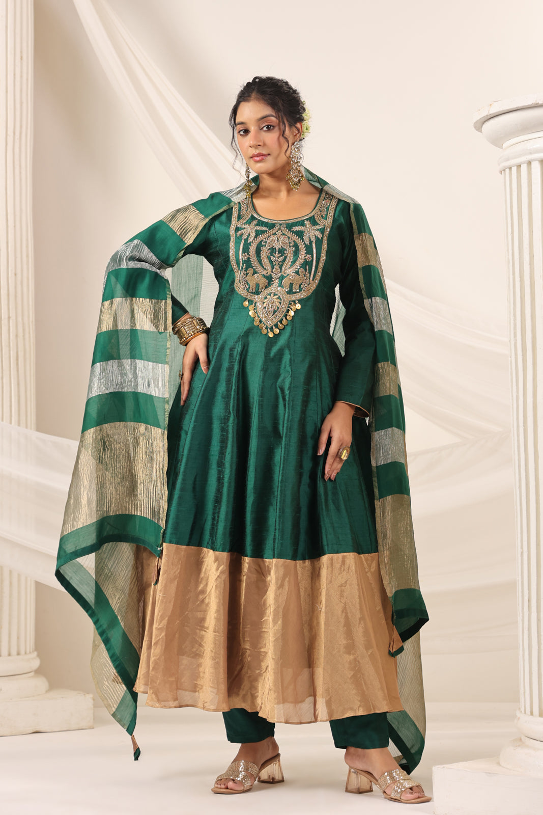 Emerald Green Raw Silk Anarkali Salwar Suit With Heavy Embroidery & Rich Duaptta