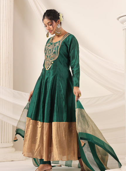 Emerald Green Raw Silk Anarkali Salwar Suit With Heavy Embroidery & Rich Duaptta