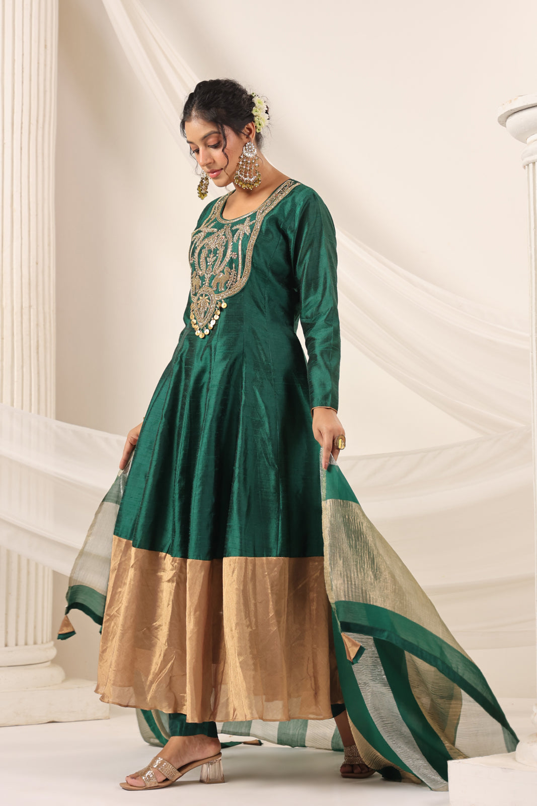 Emerald Green Raw Silk Anarkali Salwar Suit With Heavy Embroidery & Rich Duaptta