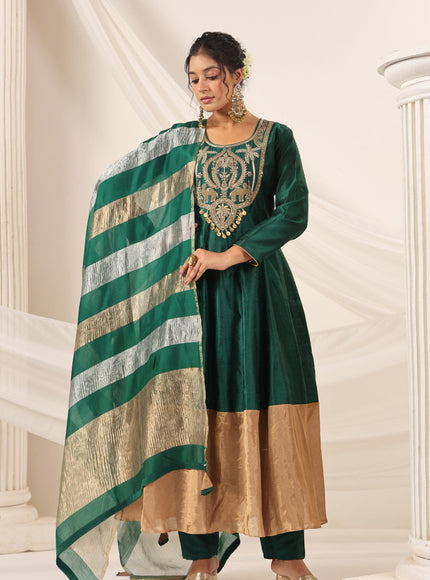 Emerald Green Raw Silk Anarkali Salwar Suit With Heavy Embroidery & Rich Duaptta