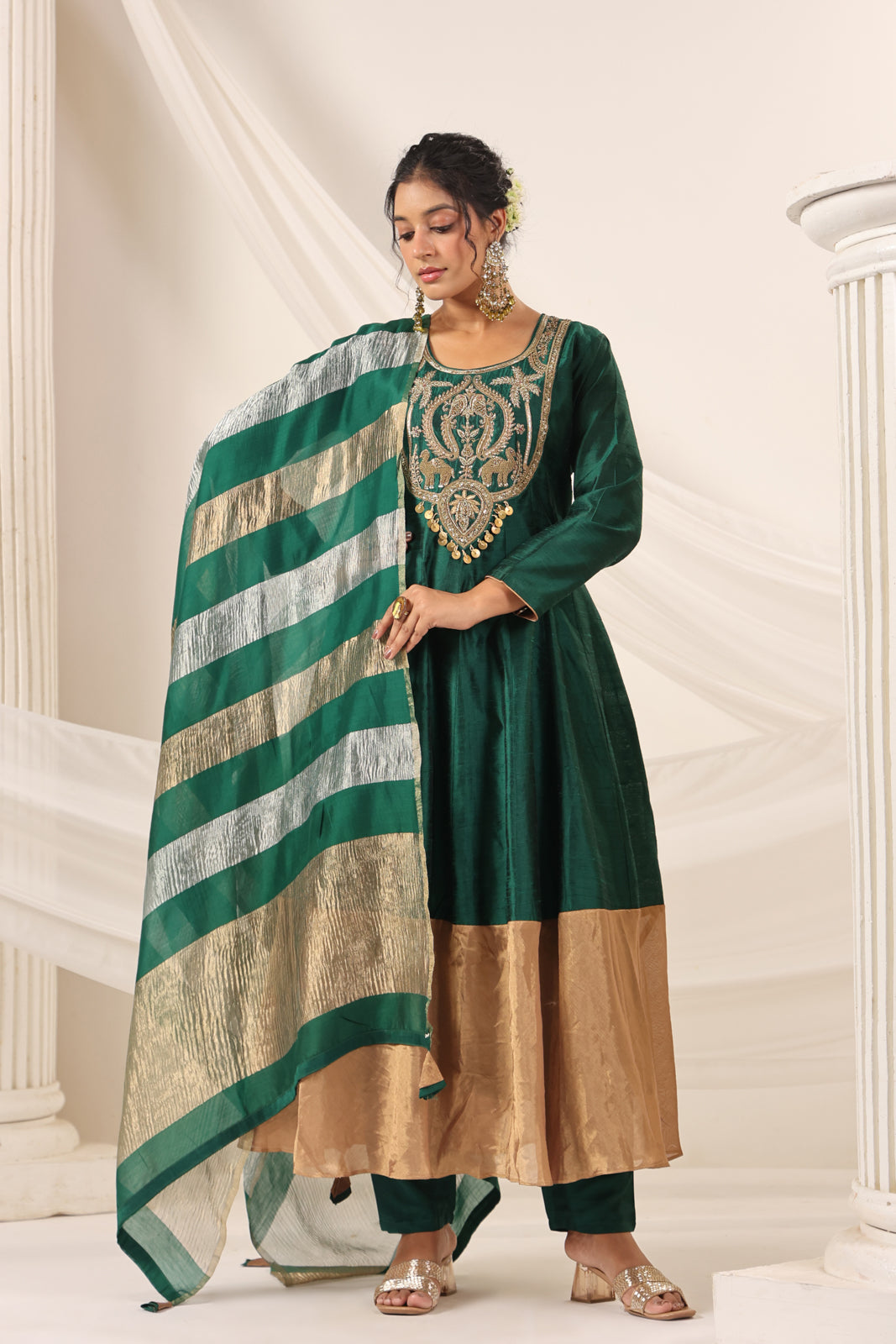 Emerald Green Raw Silk Anarkali Salwar Suit With Heavy Embroidery & Rich Duaptta