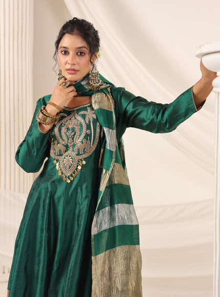 Emerald Green Raw Silk Anarkali Salwar Suit With Heavy Embroidery & Rich Duaptta