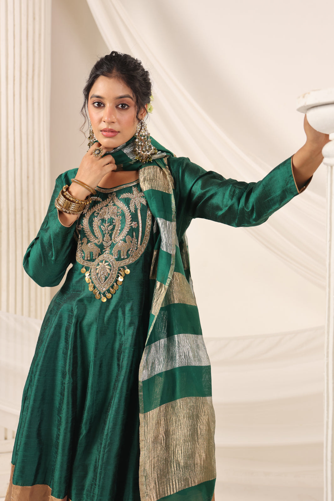 Emerald Green Raw Silk Anarkali Salwar Suit With Heavy Embroidery & Rich Duaptta