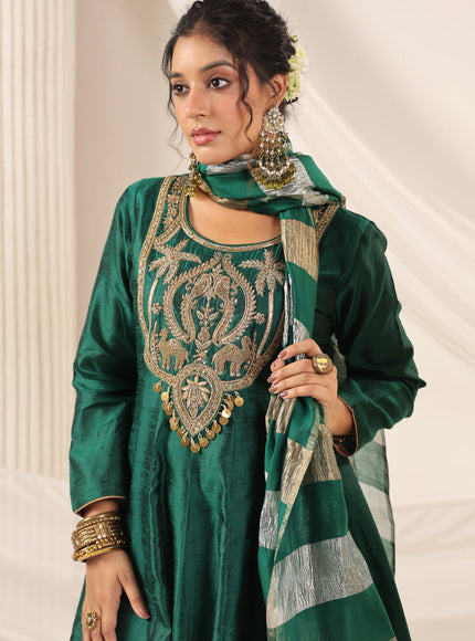 Emerald Green Raw Silk Anarkali Salwar Suit With Heavy Embroidery & Rich Duaptta