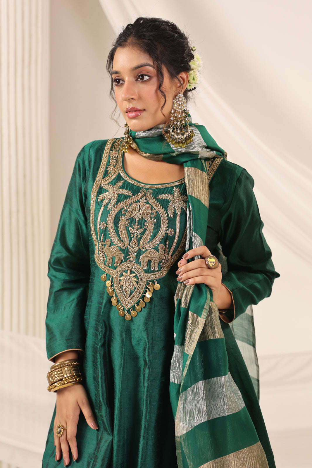 Emerald Green Raw Silk Anarkali Salwar Suit With Heavy Embroidery & Rich Duaptta
