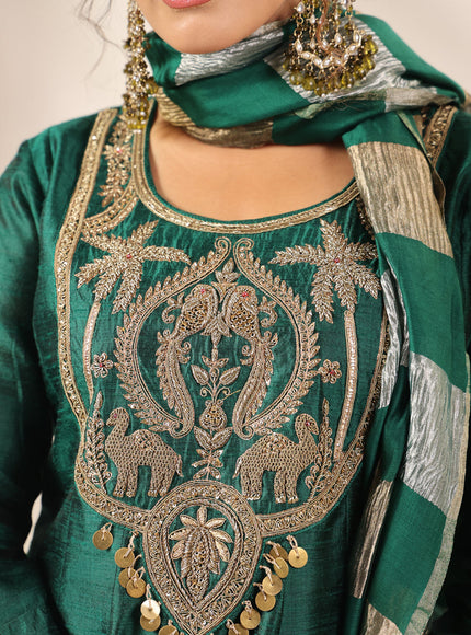 Emerald Green Raw Silk Anarkali Salwar Suit With Heavy Embroidery & Rich Duaptta