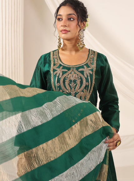 Emerald Green Raw Silk Anarkali Salwar Suit With Heavy Embroidery & Rich Duaptta