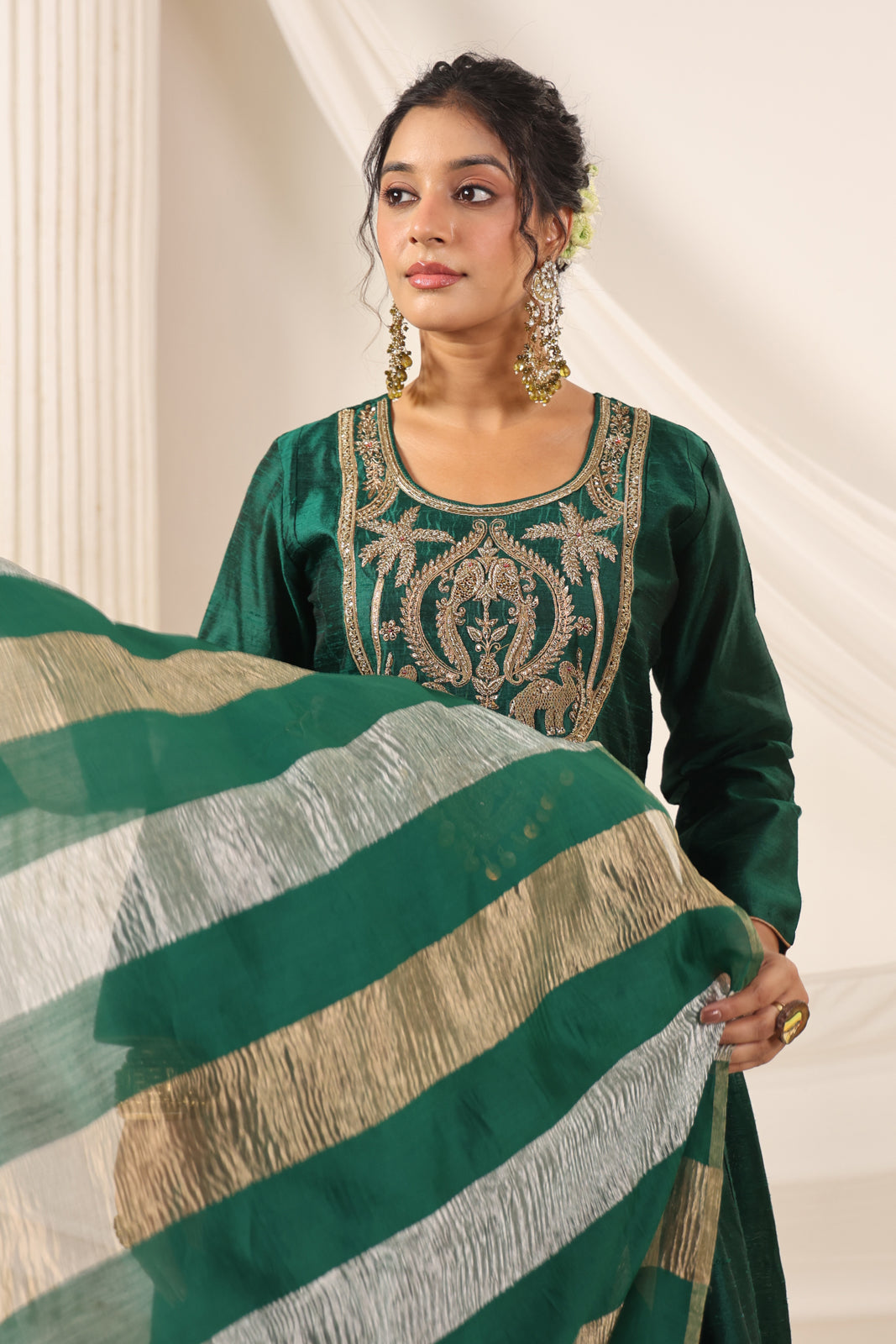 Emerald Green Raw Silk Anarkali Salwar Suit With Heavy Embroidery & Rich Duaptta