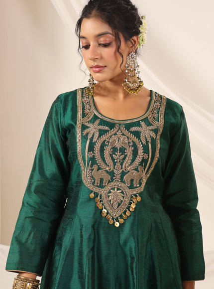 Emerald Green Raw Silk Anarkali Salwar Suit With Heavy Embroidery & Rich Duaptta