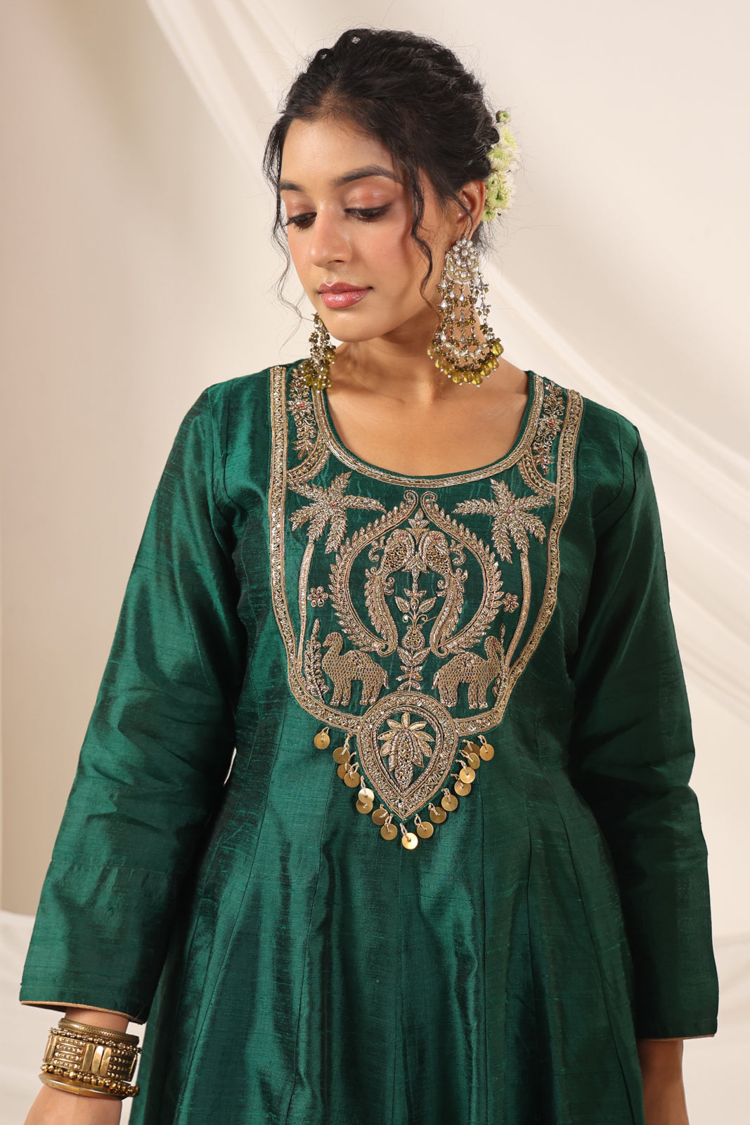 Emerald Green Raw Silk Anarkali Salwar Suit With Heavy Embroidery & Rich Duaptta