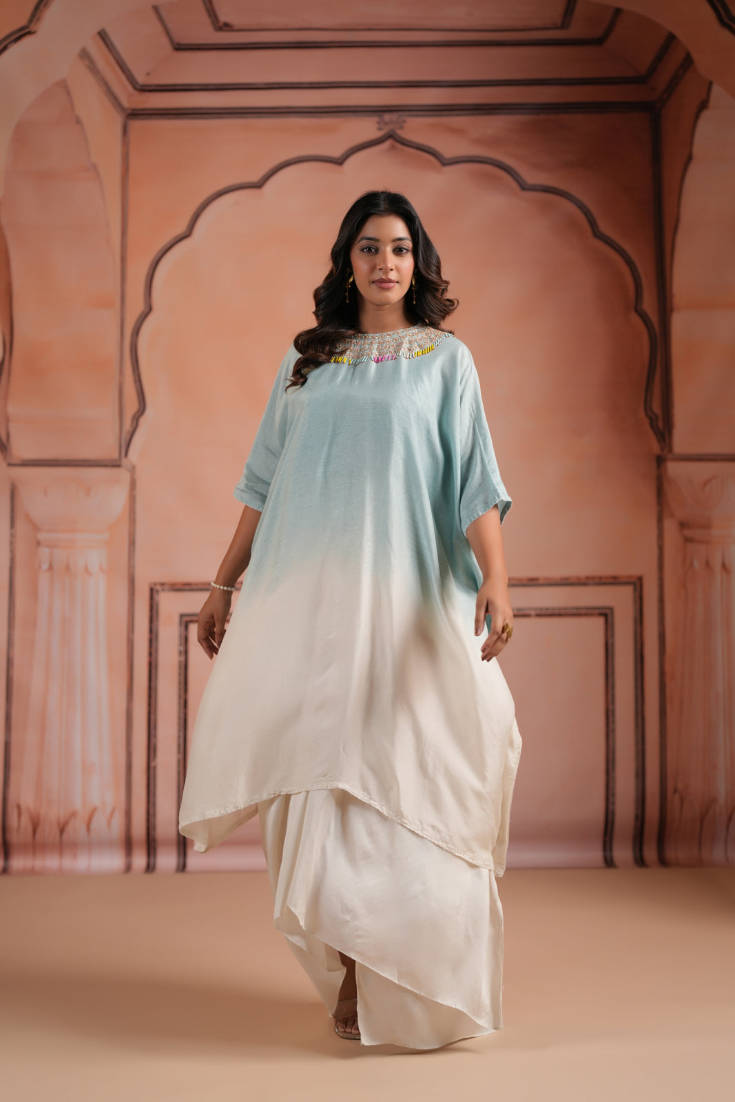 Pastel Blue-Off White Mul Chanderi Ombre Kaftan Set