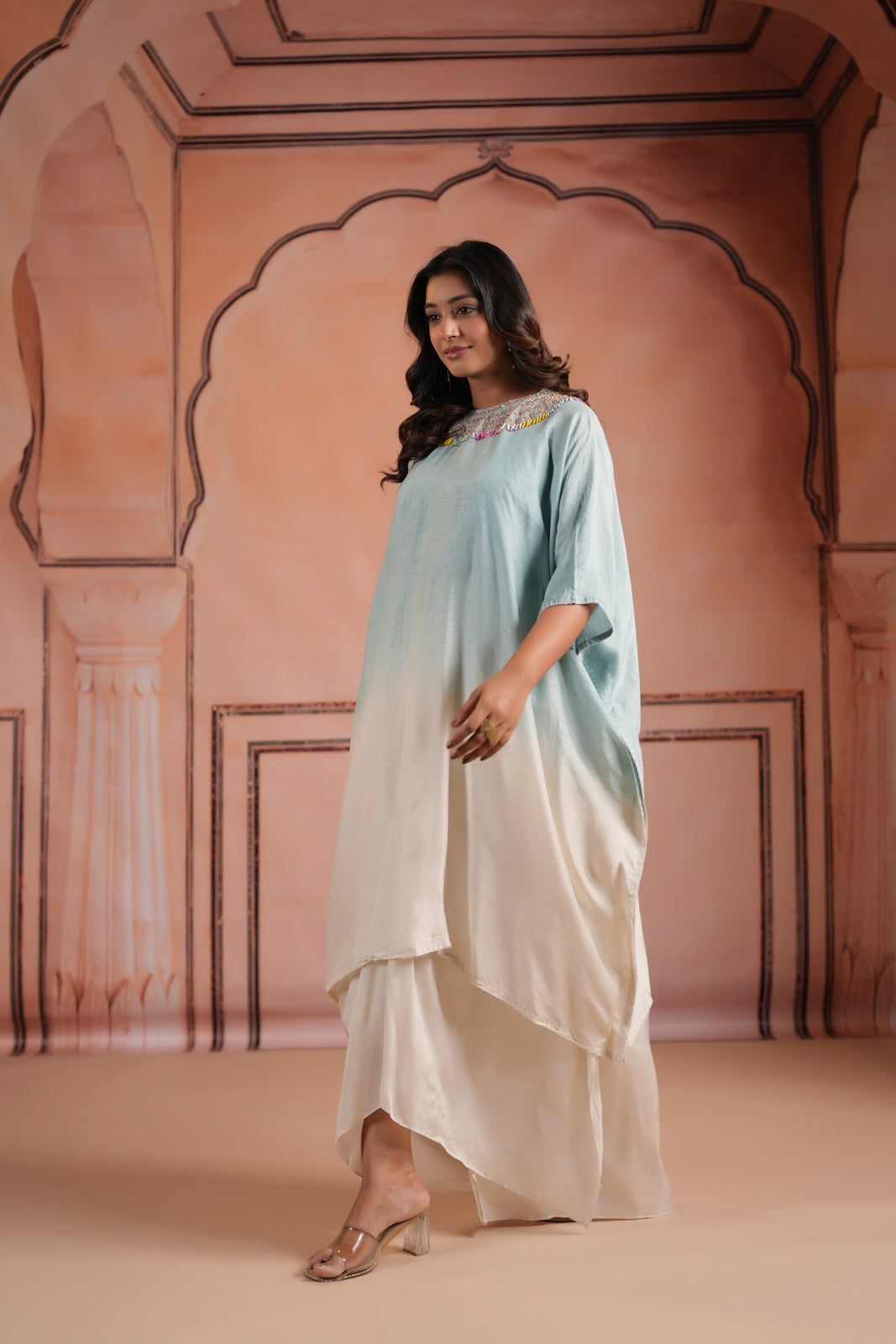 Pastel Blue-Off White Mul Chanderi Ombre Kaftan Set