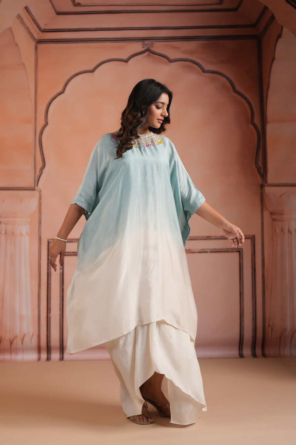 Pastel Blue-Off White Mul Chanderi Ombre Kaftan Set