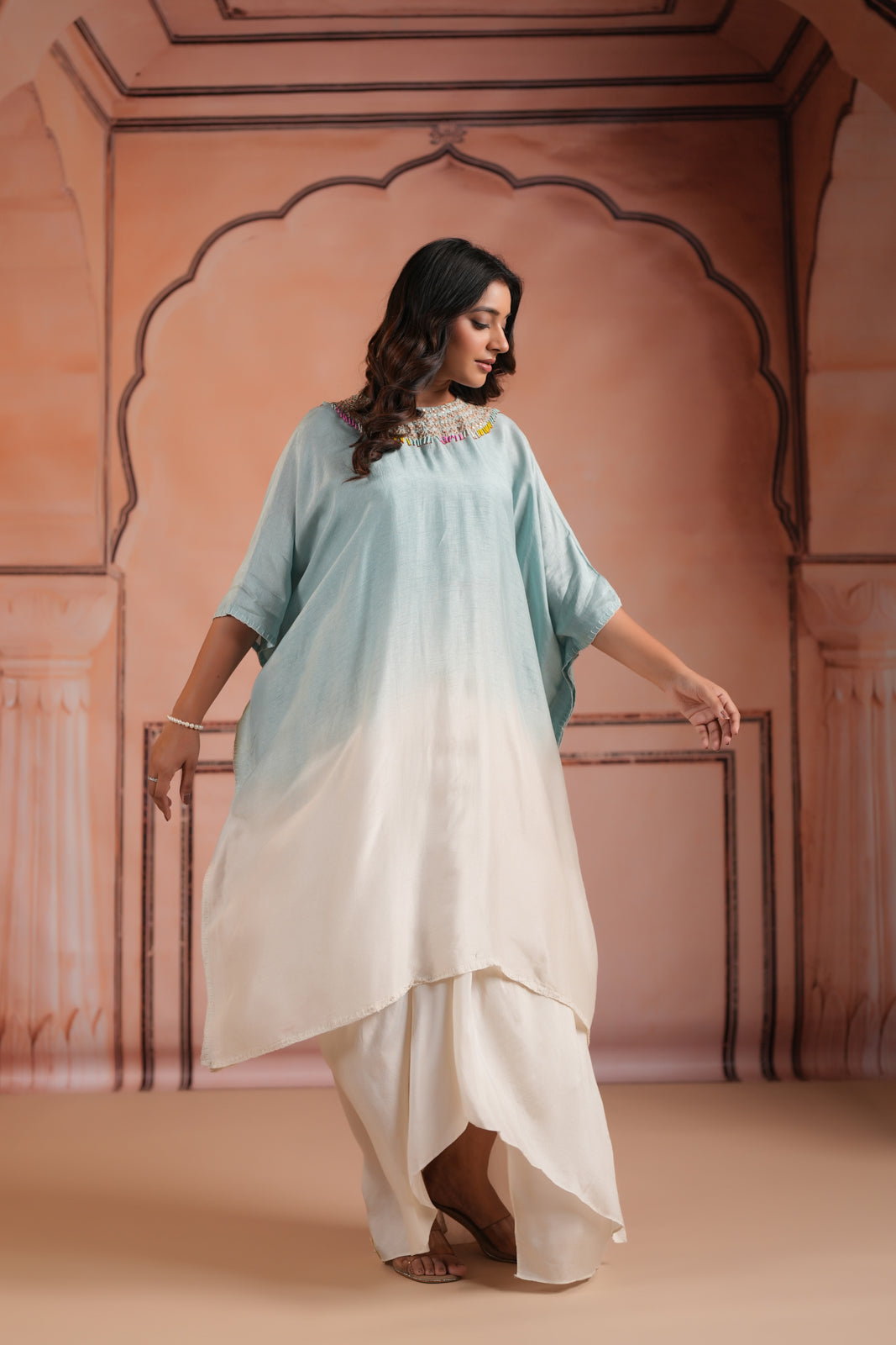 Pastel Blue-Off White Mul Chanderi Ombre Kaftan Set