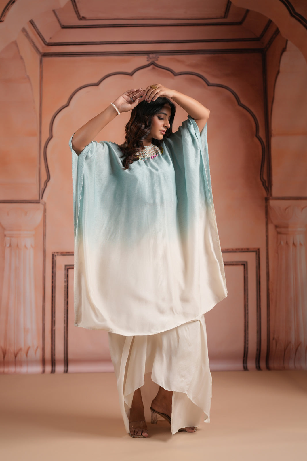 Pastel Blue-Off White Mul Chanderi Ombre Kaftan Set