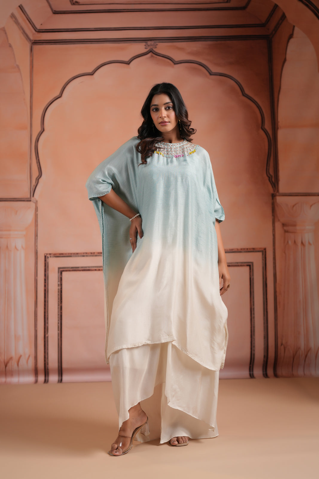 Pastel Blue-Off White Mul Chanderi Ombre Kaftan Set