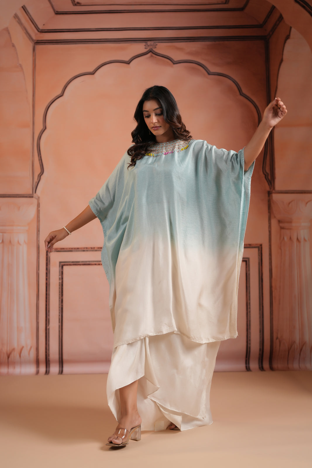 Pastel Blue-Off White Mul Chanderi Ombre Kaftan Set