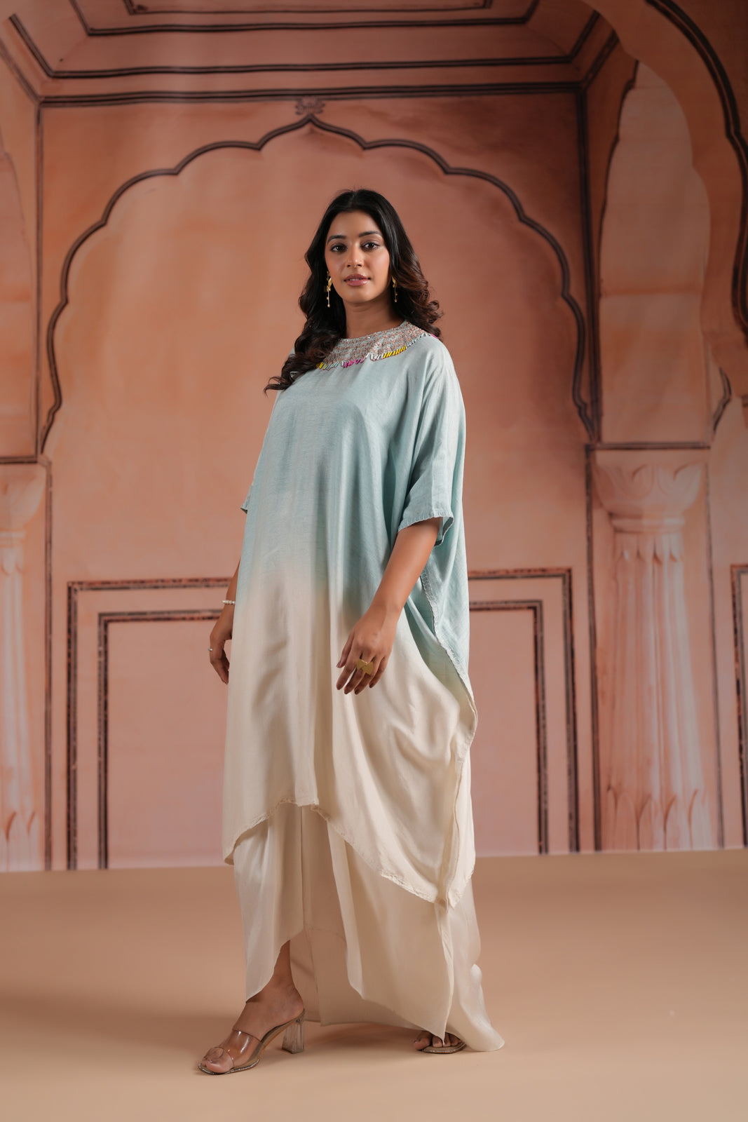 Pastel Blue-Off White Mul Chanderi Ombre Kaftan Set