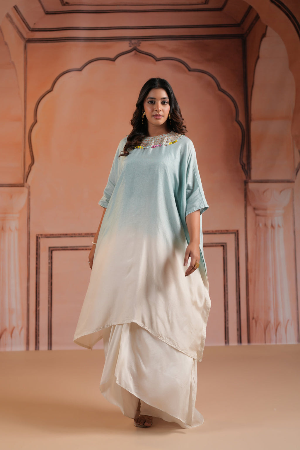 Pastel Blue-Off White Mul Chanderi Ombre Kaftan Set