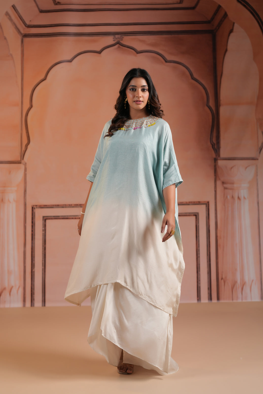 Pastel Blue-Off White Mul Chanderi Ombre Kaftan Set