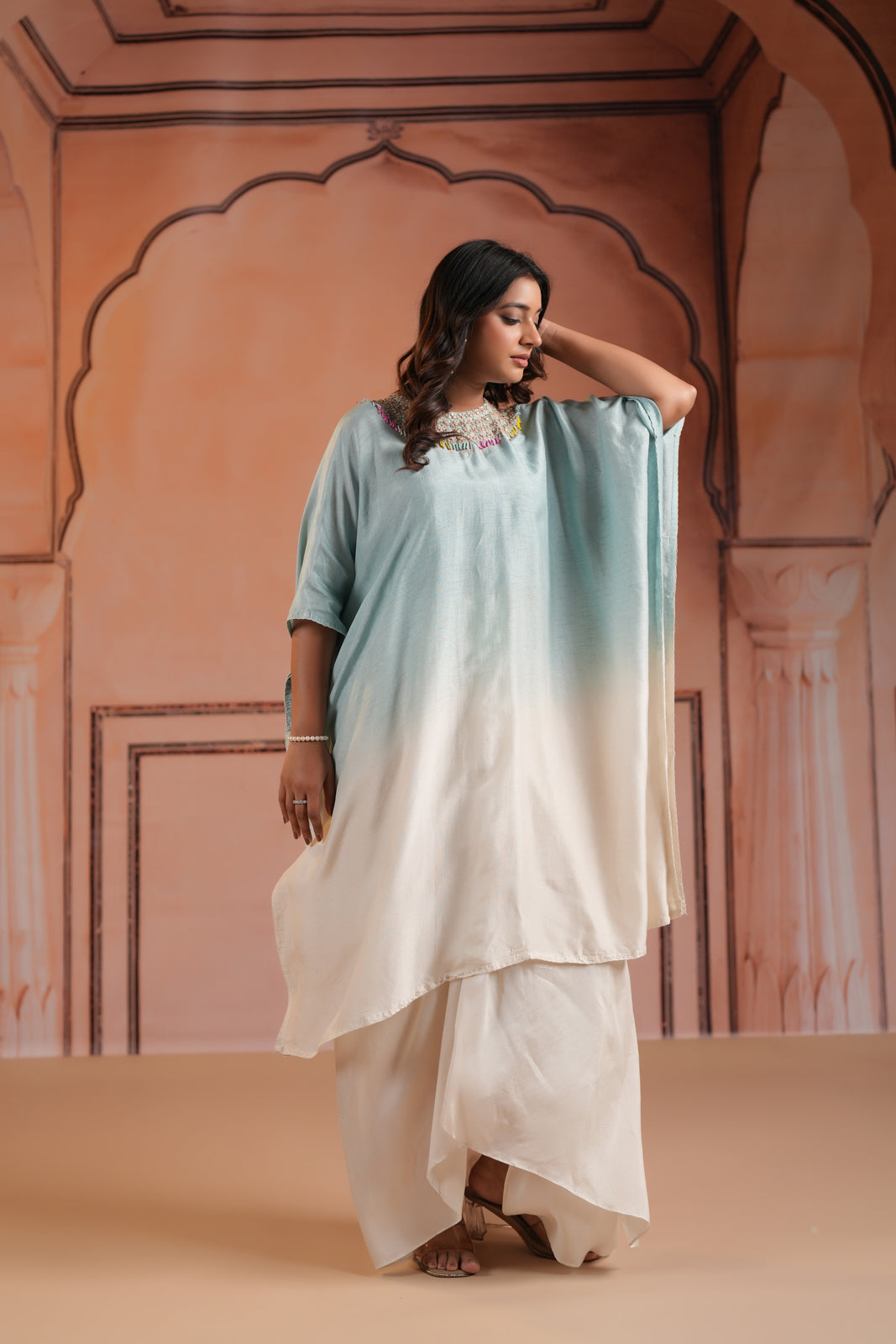 Pastel Blue-Off White Mul Chanderi Ombre Kaftan Set