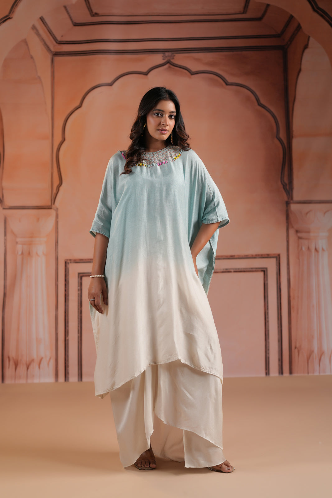 Pastel Blue-Off White Mul Chanderi Ombre Kaftan Set