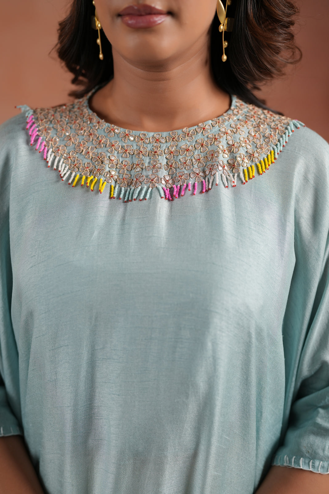 Pastel Blue-Off White Mul Chanderi Ombre Kaftan Set