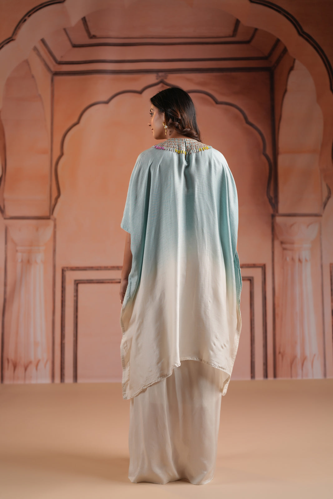 Pastel Blue-Off White Mul Chanderi Ombre Kaftan Set