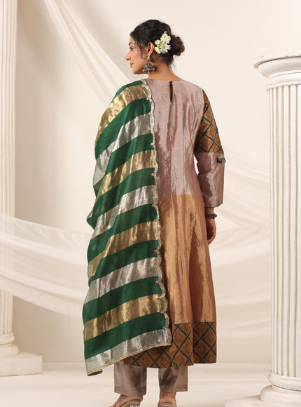 Golden Brown Tissue Silk Anarkali Salwar Suit With Rich Embroidery & Contrast Green Dupatta