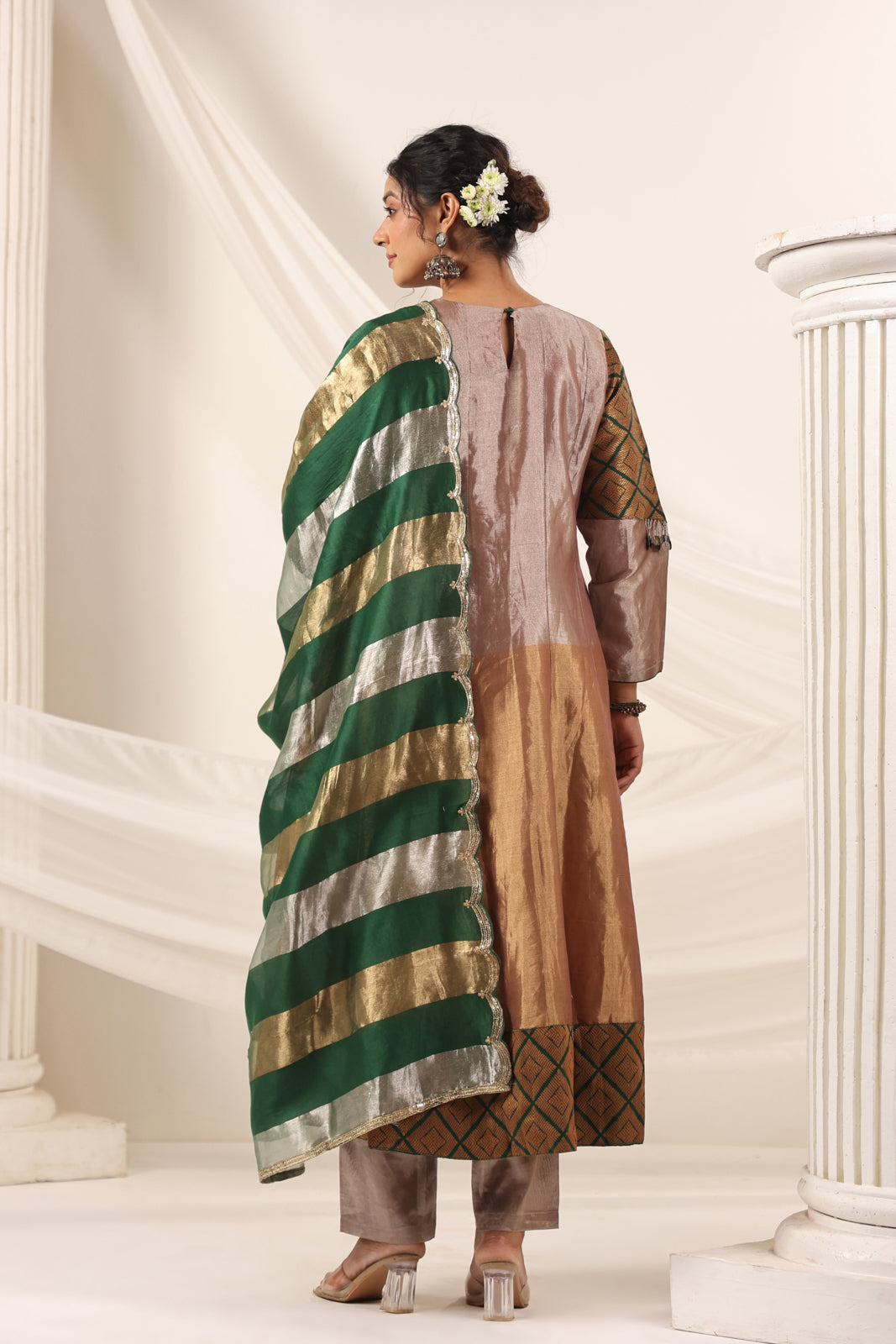 Golden Brown Tissue Silk Anarkali Salwar Suit With Rich Embroidery & Contrast Green Dupatta