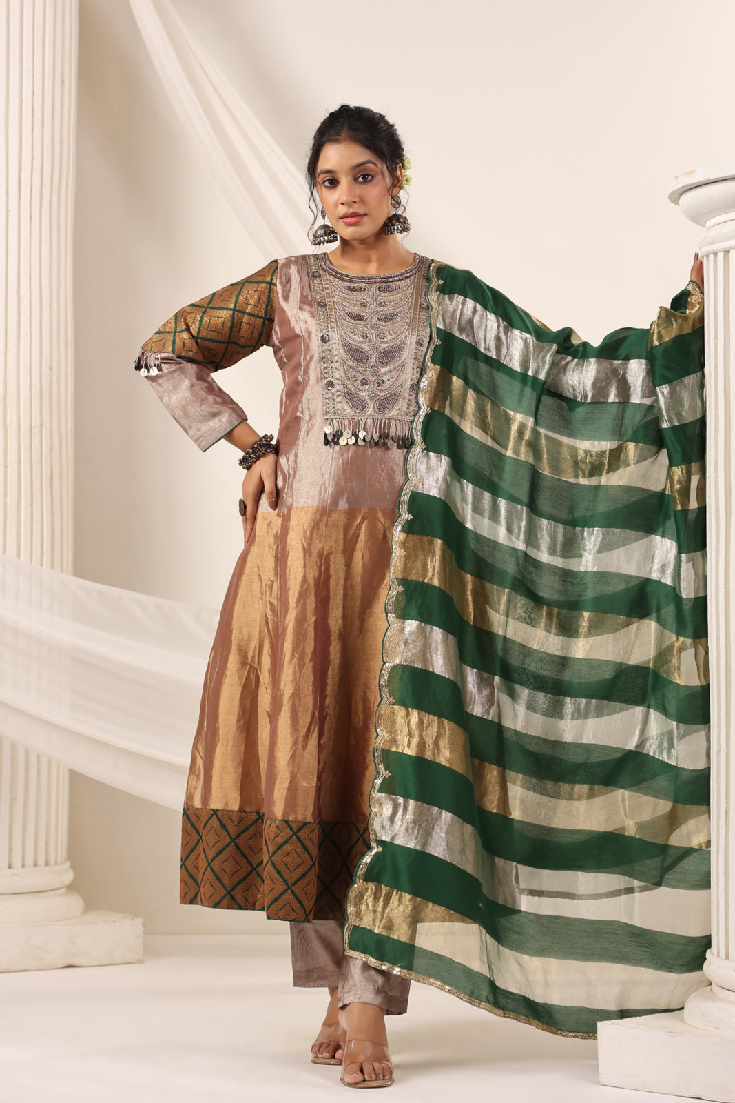Golden Brown Tissue Silk Anarkali Salwar Suit With Rich Embroidery & Contrast Green Dupatta