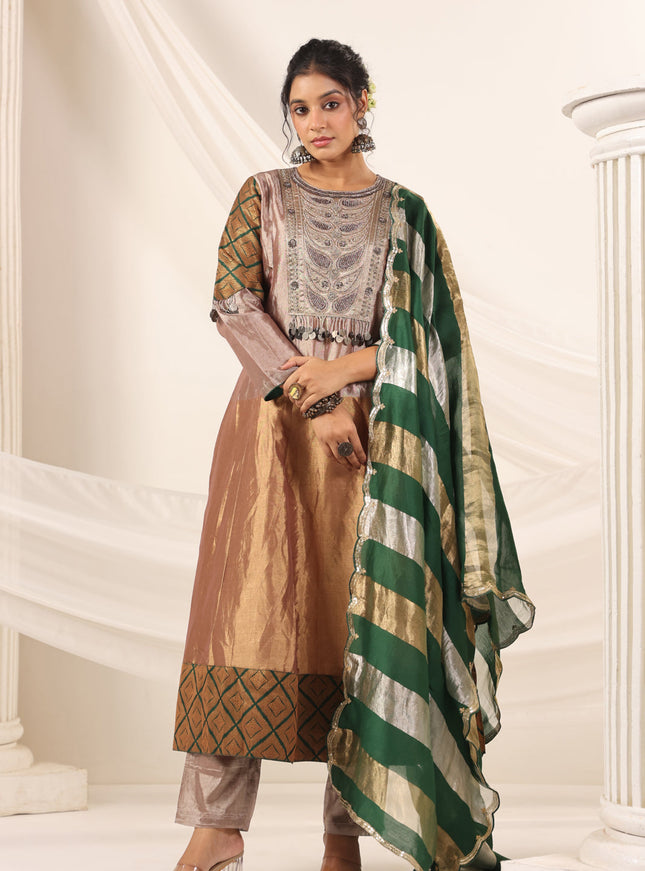 Golden Brown Tissue Silk Anarkali Salwar Suit With Rich Embroidery & Contrast Green Dupatta