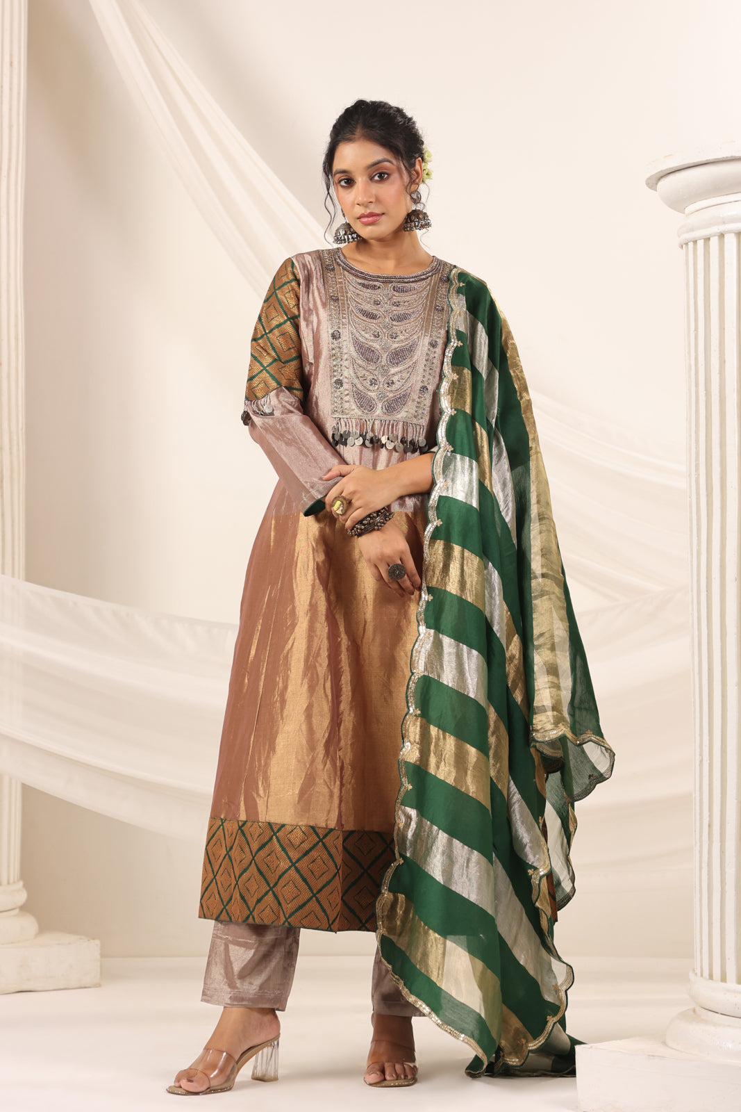 Golden Brown Tissue Silk Anarkali Salwar Suit With Rich Embroidery & Contrast Green Dupatta