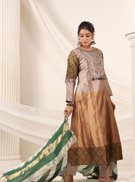 Golden Brown Tissue Silk Anarkali Salwar Suit With Rich Embroidery & Contrast Green Dupatta