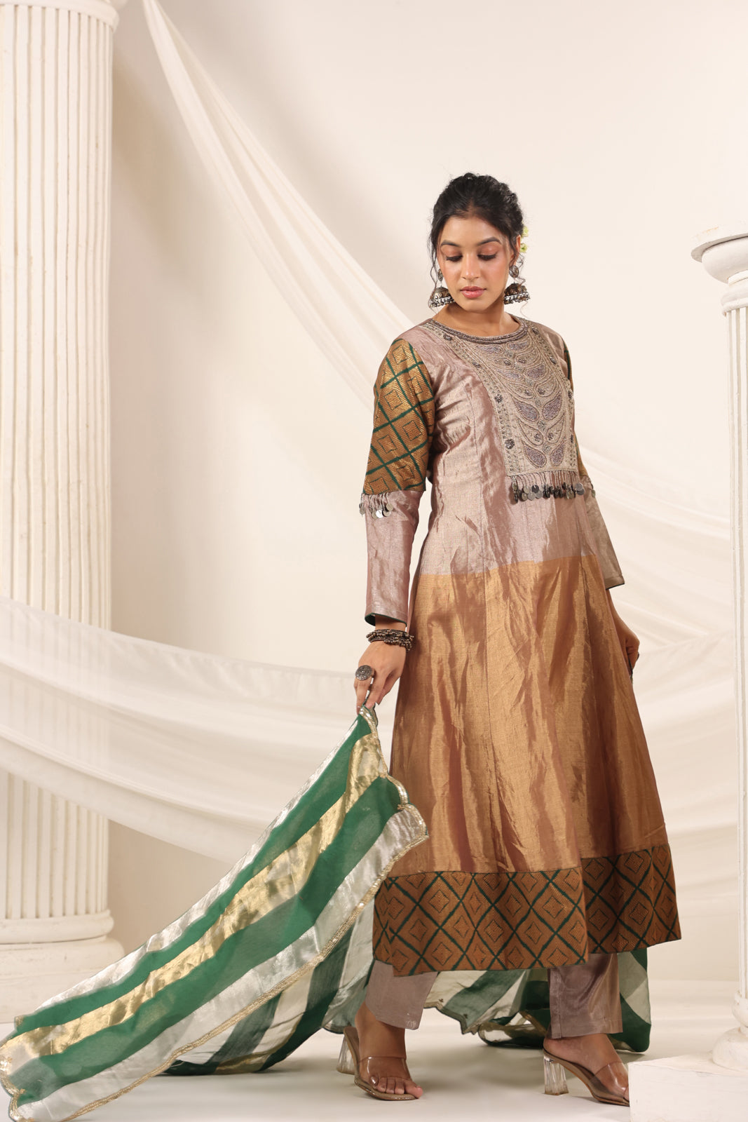 Golden Brown Tissue Silk Anarkali Salwar Suit With Rich Embroidery & Contrast Green Dupatta