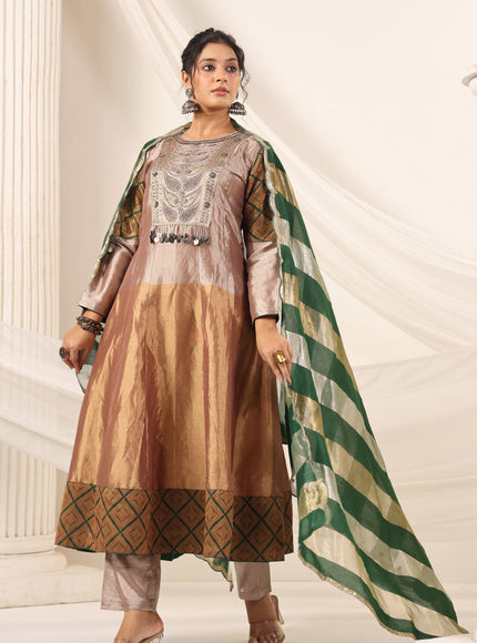 Golden Brown Tissue Silk Anarkali Salwar Suit With Rich Embroidery & Contrast Green Dupatta