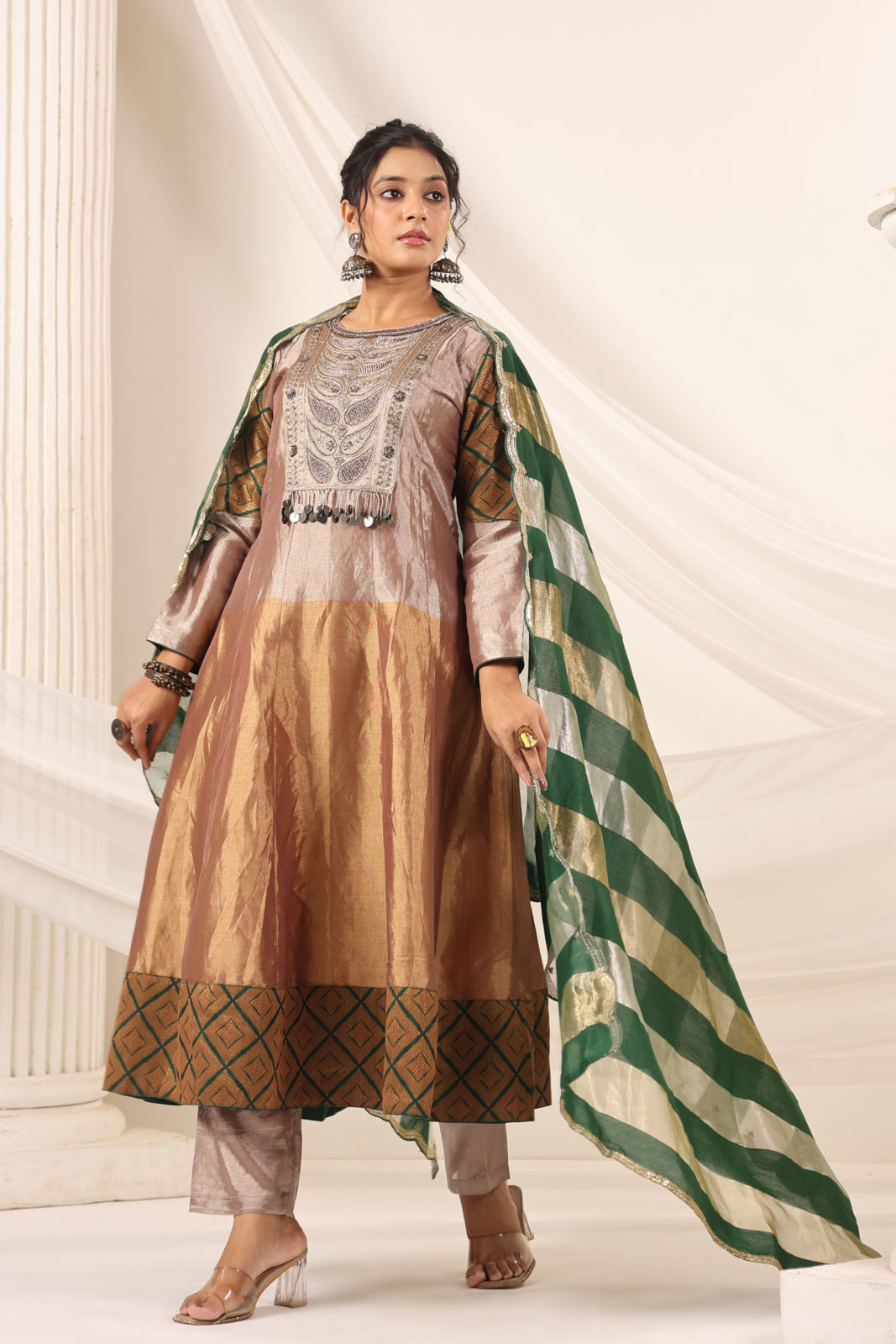 Golden Brown Tissue Silk Anarkali Salwar Suit With Rich Embroidery & Contrast Green Dupatta