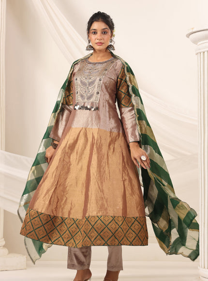 Golden Brown Tissue Silk Anarkali Salwar Suit With Rich Embroidery & Contrast Green Dupatta