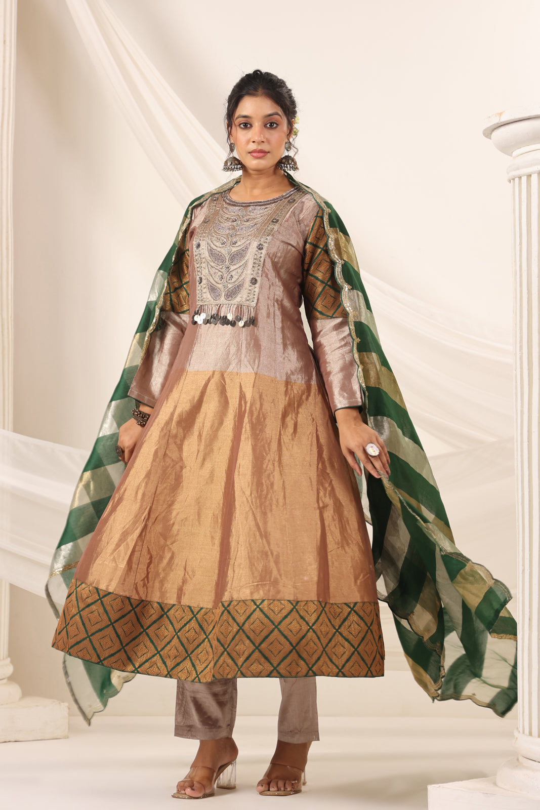 Golden Brown Tissue Silk Anarkali Salwar Suit With Rich Embroidery & Contrast Green Dupatta