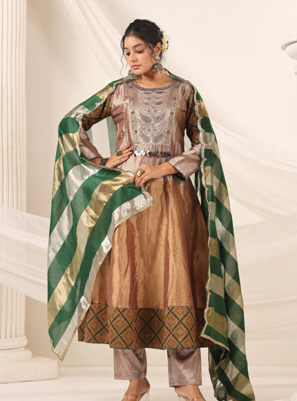 Golden Brown Tissue Silk Anarkali Salwar Suit With Rich Embroidery & Contrast Green Dupatta
