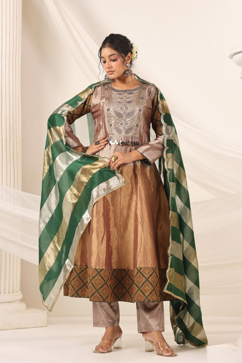 Golden Brown Tissue Silk Anarkali Salwar Suit With Rich Embroidery & Contrast Green Dupatta