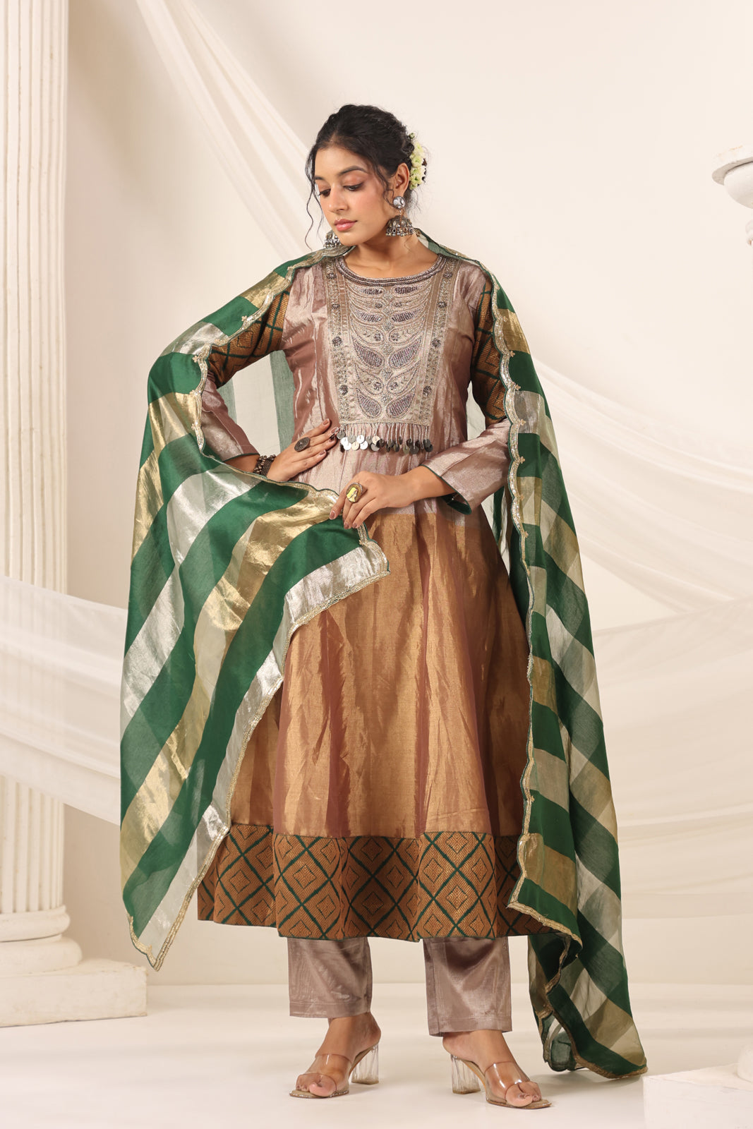 Golden Brown Tissue Silk Anarkali Salwar Suit With Rich Embroidery & Contrast Green Dupatta